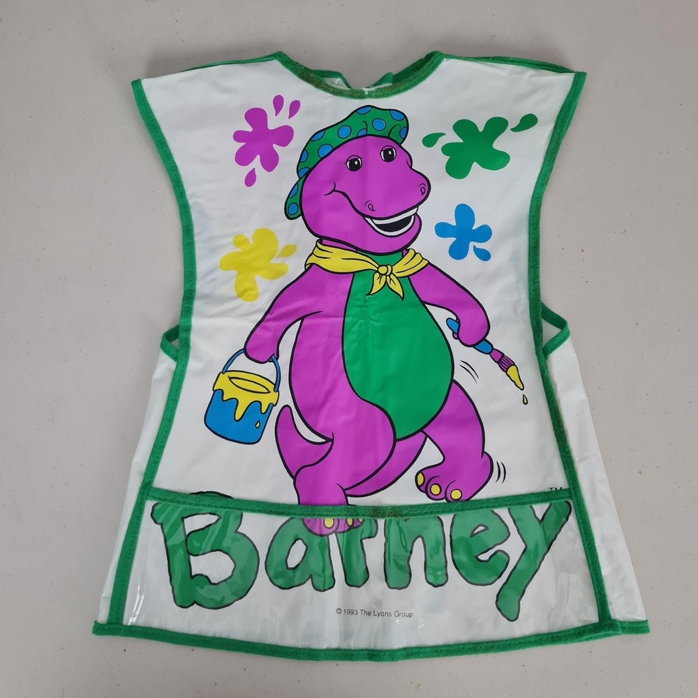 Vintage Barney Art Smock Bib Kids One Size Paint Apron Pocket Colorful 90s